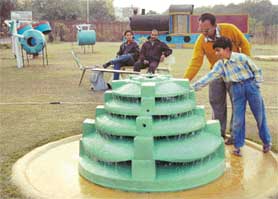 A water feature created out of waste sanitary fittings at Kala Sagar, Sector 36, in Chandigarh.