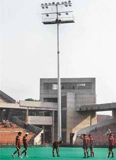 The newly-installed floodlight pole at hockey stadium, Sector 42, Chandigarh
