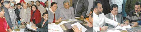Nominations being filed for the post of Mayor by (left) Congress Partys Surinder Singh (Mayor), Shyama Negi (Senior Deputy Mayor), H.S. Lucky (Deputy Mayor). (Centre): BJPs Kamla Sharma (Mayor), Rajesh Gupta (Senior Deputy Mayor), (and right) Chandigarh Vikas Manchs Jatinder Bhatia (Mayor) Vijay Singh Rana (Senior Deputy Mayor) at the Municipal Corporation office, Sector 17, in Chandigarh, on Monday.