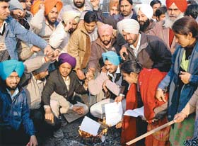 Unemployed B. Ed teachers of Punjab and members of Unemployed B Ed Teachers Union burn photocopies of their degrees to protest against the indifferent attitude of the Punjab Government at Matka Chowk, Chandigarh