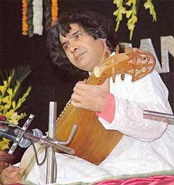 Rabab player Gulfam Ahmad performs at Harballabh Sangeet Sammelan in Jalandhar on Sunday night