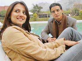 Kulraj Randhawa and Jimmy Shergil during the shooting of "Mannat" at North Park in Panchkula on Tuesday. 