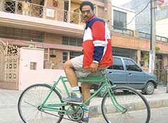 Cycling backwards just as Dharmendra did way back in Sholay 