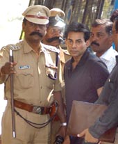 Underworld don Abu Salem being brought to a forensic laboratory for a polygraph test in Bangalore on Wednesday.
