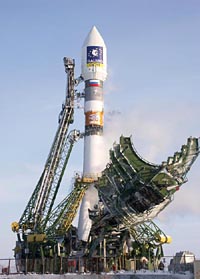 A Russian Soyuz rocket carrying the test GIOVE-A satellite, part of the Galileo positioning system, blasts off at the Baikonur Cosmodrome in Kazakhstan on Wednesday.