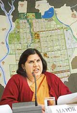 Ms Anu Chatrath, Mayor, addresses a press conference at the Municipal Corporation office in Chandigarh on Thursday
