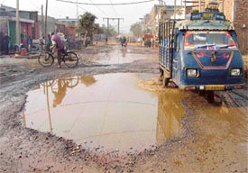 Sewage water collected on a road in the Focal Point area in Ludhiana on Thursday