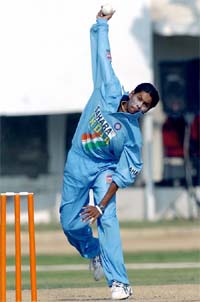 Indias Nooshin Al-Khadeer bowls during an Asia Cup match against Sri Lanka at the National Stadium in Karachi