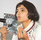 Minakshi Chaudhry, author of the book, Ghost Stories of Shimla Hills, addresses listeners at British Library in Sector 9, Chandigarh, on Friday.