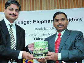 Union Minister of Environment and Forests A. Raja releasing a book on elephants, Rights of Passage: Elephant Corridor of India, edited by Vivek Menon, Executive Director, Wildlife Trust of India, in the Capital on Friday