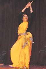 Odissi dancer Sonal Mansingh performs at Kundan Vidya Mandir School in Ludhiana on Friday