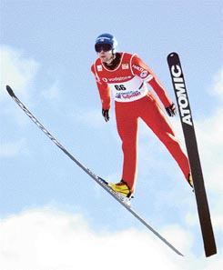 Finlands Matti Hautamaeki soars through the air during practice in Garmisch Partenkirchen, southern Germany, on Saturday