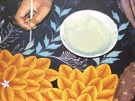 The filling of colours in a pichhwai with a detail of yellow leaves