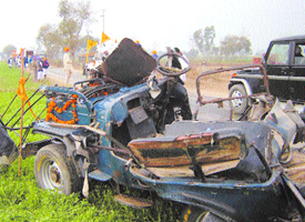 A view of the damaged jeep that caught fire during nagar kirtan on Sunday. 