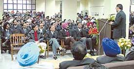 The Additional Sessions Judge, Mr S.P. Bangarh, addresses lawyers at a function at the district courts in Ludhiana on Monday