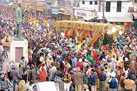 A religious procession being taken out in connection with Guru Gobind Singh's birthday in Ludhiana