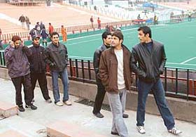 Hockey players from abroad in the Sector 42 hockey stadium in Chandigarh