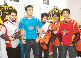 Hockey stars on the occasion of unveiling jerseys and shoes in Chandigarh on Thursday.
