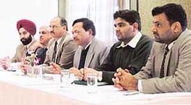 Members of the Ludhiana branch of the Institute of Chartered Accountants of India during a press conference in Ludhiana on Thursday. 