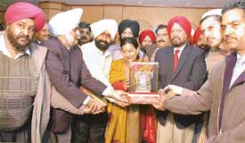 Ms Rupan Deol Bajaj, who retired as Financial Commissioner, Revenue, being honoured at a farewell function in Ludhiana on Friday