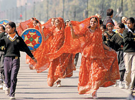 Schoolchildren participating in rehearsal for the Republic Day Parade at Rajpath in the Capital on Saturday. 