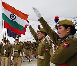 Jawans of the Jammu Kashmir Regiment take the oath at a passing-out parade at the Jammu and Kashmir Police Subsidiary Training Centre in Baramula district on Saturday.