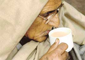 The golden colour of the sun is reflected in the cup of hot tea