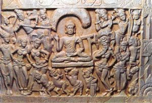 An ancient carving depicting a scene from Buddhist scriptures