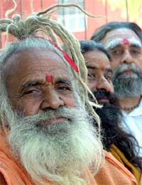 Sadhus participate in a dharna under the banner of the All-India Sant Samiti to protest the allegations made by CPM Politburo member and Rajya Sabha MP Brinda Karat against Baba Ramdev at Jantar Mantar in New Delhi