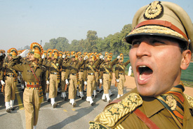 Assistant Commandant Vikas Yadav leading ITBP jawans during a rehearsal for the forthcoming Republic Day Parade at Rajpath in the Capital on Wednesday. 