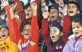 Young supporters of Sher-e- Jalandhar cheer the team during the Premier Hockey League (tier-I) match against Hyderabad Sultans at the Sector 42 hockey stadium in Chandigarh on Thursday.
