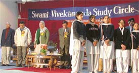 Students present a song during National Youth Day celebrations at Government College for Women in Ludhiana on Thursday