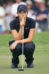 Michelle Wie thinks about her putt on the eighth hole during the second round of the Sony Open in Honolulu, Hawaii on Friday. 