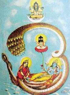 Brahma seated on a lotus emerging from Vishnus navel Oleograph; 19th century