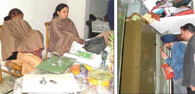 Family members of a rice trader whose house was burgled in the Haibowal area, Ludhiana, on Sunday; and (right) fingerprint experts look for clues
