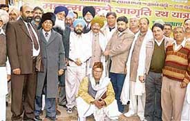 Members of the Saini chetna yatra being welcomed at Derabassi