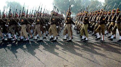 Paramilitary jawans participating in a rehearsal of the Republic Day Parade at Rajpath in the Capital on Tuesday