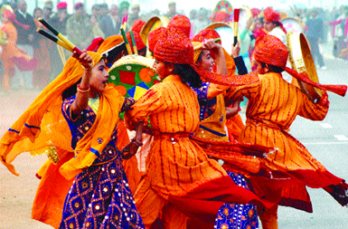 Schoolchildren performing a dance during their rehearsal for the Republic Day  Parade at Rajpath in the Capital on Wednesday.