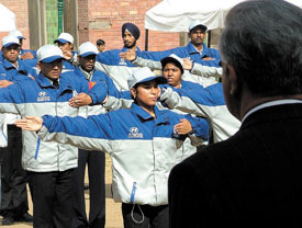 Volunteers taking part in a drill organised by Delhi Traffic Police and Institute of Road Traffic Education at India Habitat Centre in the Capital. Police Commissioner Dr K.K. Paul is also seen in the picture. 