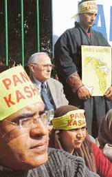 Panun Kashmir activists protest at Jantar Mantar in New Delhi on Thursday.