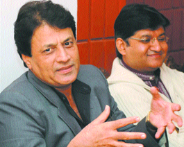 Arun Govil (left) interacts with media persons in Jalandhar on Friday.
