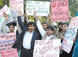 Activists of the National Panthers Party protesting near French embassy against the French warship, Clemenceau, carrying hazardous waste, in the Capital on Saturday.