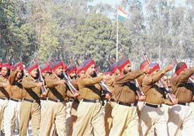 A Punjab Police contingent rehearses for the Republic Day parade in Ludhiana on Saturday