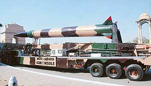 An Agni-1 missile on display during a press preview of the Republic Day celebrations at India Gate in New Delhi on Saturday.