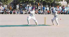 Punjab Ranji player Karan Goel, representing Unity Club, plays a shot in the final of the 10th Rajeev Gandhi Memorial Cricket Tournament in Ludhiana on Sunday