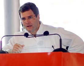 Congress MP Rahul Gandhi addresses the inaugural session of the AICC plenary at Rajiv Gandhi Nagar in Hyderabad on Sunday