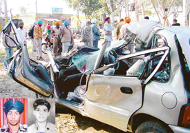 The mangled remains of the car that hit a truck on the Rajpura-Ambala highway on Monday. Inset: Tanpreet Singh and Rakesh Kumar.
