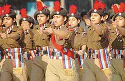 NCC cadets stage a march-past at a full-dress rehearsal for the 56th Republic Day parade