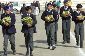 Students from a city school take part in a rehearsal for the Republic Day celebrations at the Guru Gobind Singh Stadium in Jalandhar on Tuesday