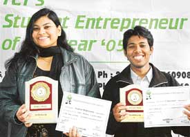 Neha and Somansh, who won the student entrepreneur award in Ludhiana on Saturday